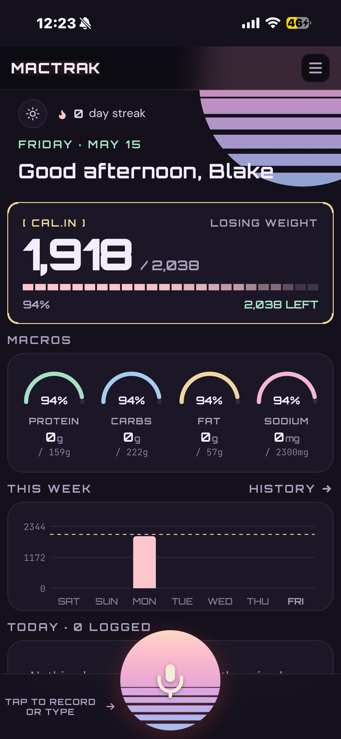 MacTrak dashboard, dawn dark theme