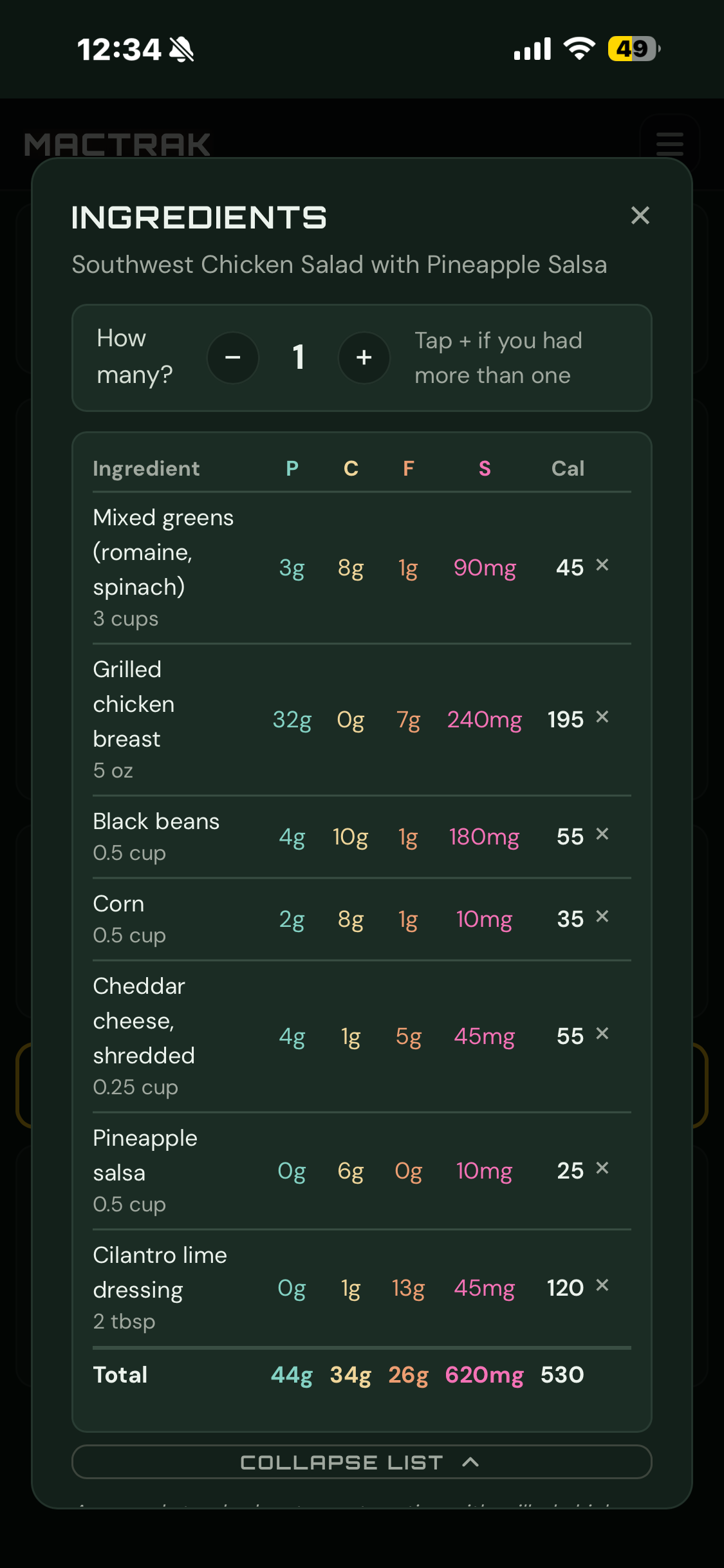 Ingredient breakdown sheet showing protein, carbs, fat, sodium per ingredient